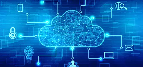 Nube digital simbolizando el futuro de los negocios, con gráficos y tecnología en un entorno moderno.