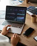 Una persona utiliza una computadora portátil con gráficos visibles en la pantalla.